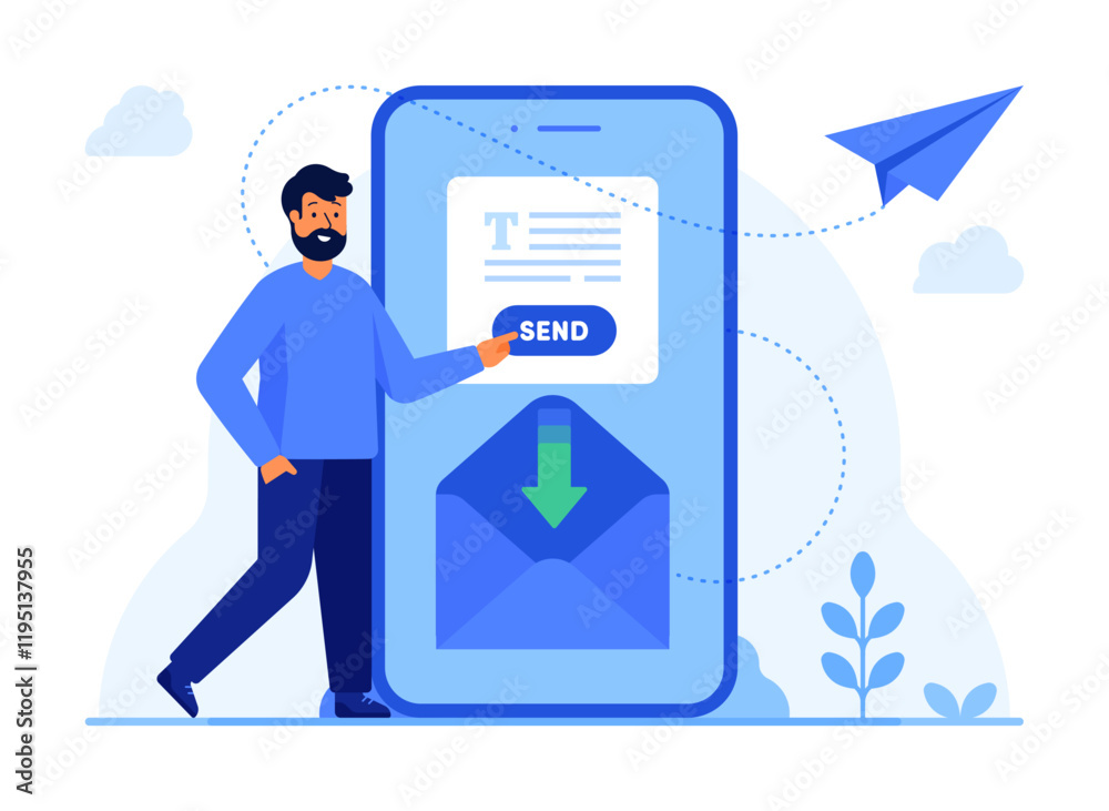A man writing and sending an email via smartphone. Mail, newsletter, SMS, marketing, digital communication, and online messaging concept. Flat vector illustration isolated on white background
