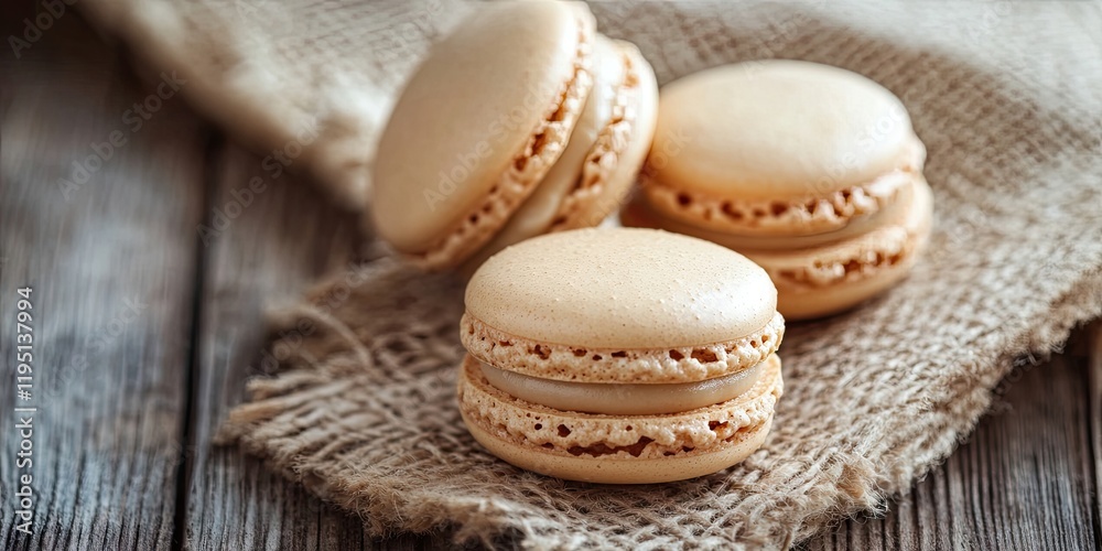 Golden macarons arranged artistically on a rustic wooden table with a soft burlap backdrop highlighting their delicate textures and creamy filling. Golden macarons arranged artistically on a rustic wooden table with a soft burlap backdrop highlighting their delicate textures and creamy filling.