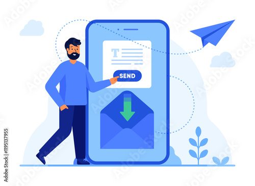 A man writing and sending an email via smartphone. Mail, newsletter, SMS, marketing, digital communication, and online messaging concept. Flat vector illustration isolated on white background