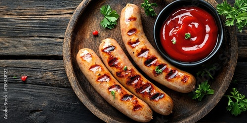 Grilled sausages with charred lines on a rustic wooden plate, accompanied by a black bowl of ketchup, garnished with parsley on a dark table photo