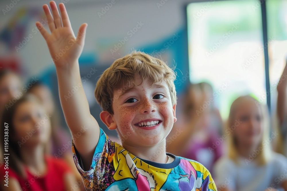 Smiling freckled boy raising hand in classroom. Smiling freckled boy raising hand in classroom.