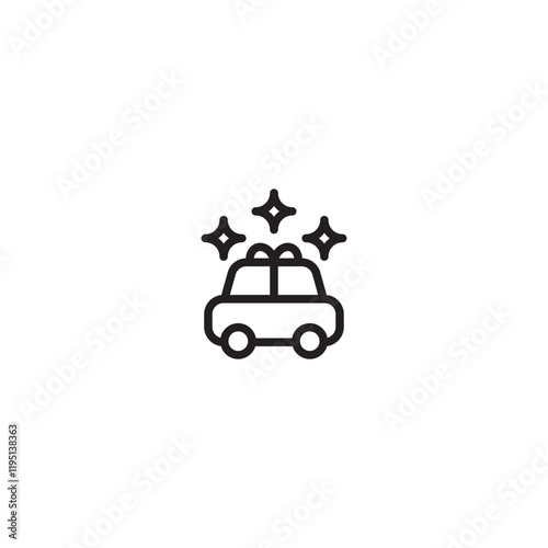 A minimalist line art icon of a car with a bow and sparkles, representing a car gift or a new car.