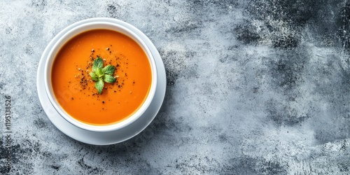 Aerial view of creamy pumpkin soup in a white bowl on a textured gray stone surface garnished with fresh herbs and black pepper. photo