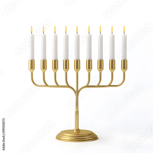 Golden Hanukkah menorah with white burning candles, isolated on white background