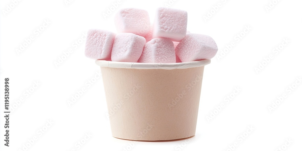 Cup filled with soft pink marshmallows on a plain white background, showcasing sweet treat arrangement with a neutral beige cup. Cup filled with soft pink marshmallows on a plain white background, showcasing sweet treat arrangement with a neutral beige cup.