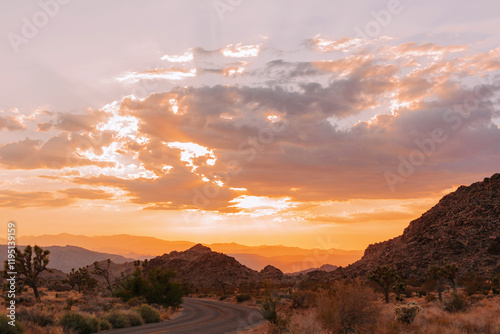 Road at sunset with mountains at Joshua National park, Mojave Desert, California.