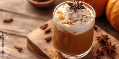 Creamy pumpkin spice drink in a glass topped with whipped cream and anise star, set on wooden board with scattered spices and pumpkins in background. photo