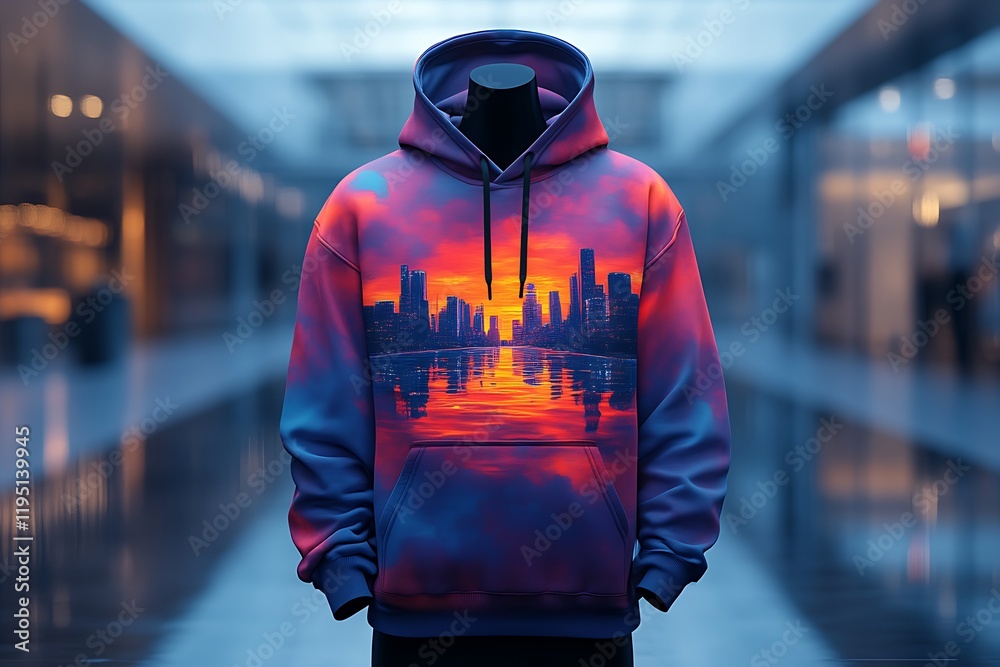 Cityscape sunset hoodie on mannequin.