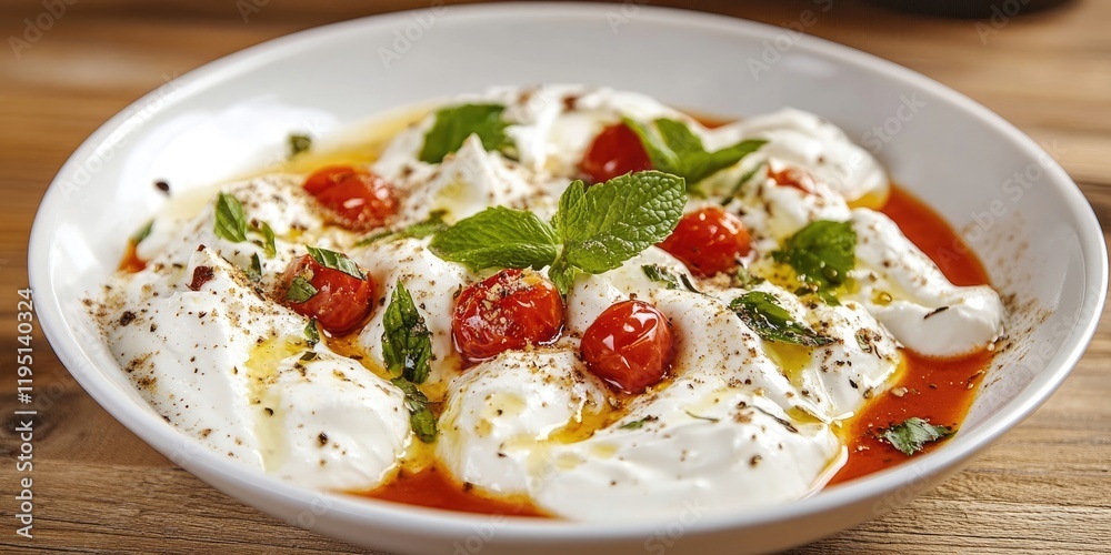 Traditional Turkish Manti in white bowl with garlic yogurt topped with vibrant tomato sauce, cherry tomatoes, and fresh mint leaves on wooden background Traditional Turkish Manti in white bowl with garlic yogurt topped with vibrant tomato sauce, cherry tomatoes, and fresh mint leaves on wooden background