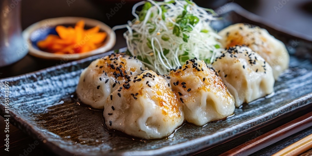 Mitarashi dumplings served on a black plate with sesame seeds, garnished with green onions and cabbage, on a wooden table with orange pickles. Mitarashi dumplings served on a black plate with sesame seeds, garnished with green onions and cabbage, on a wooden table with orange pickles.