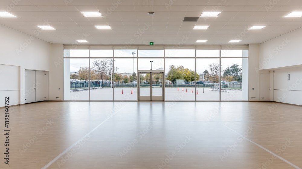 Fototapeta premium Enjoy a spacious indoor activity area featuring expansive windows that provide a stunning view of the outdoor courts throughout the daylight hours