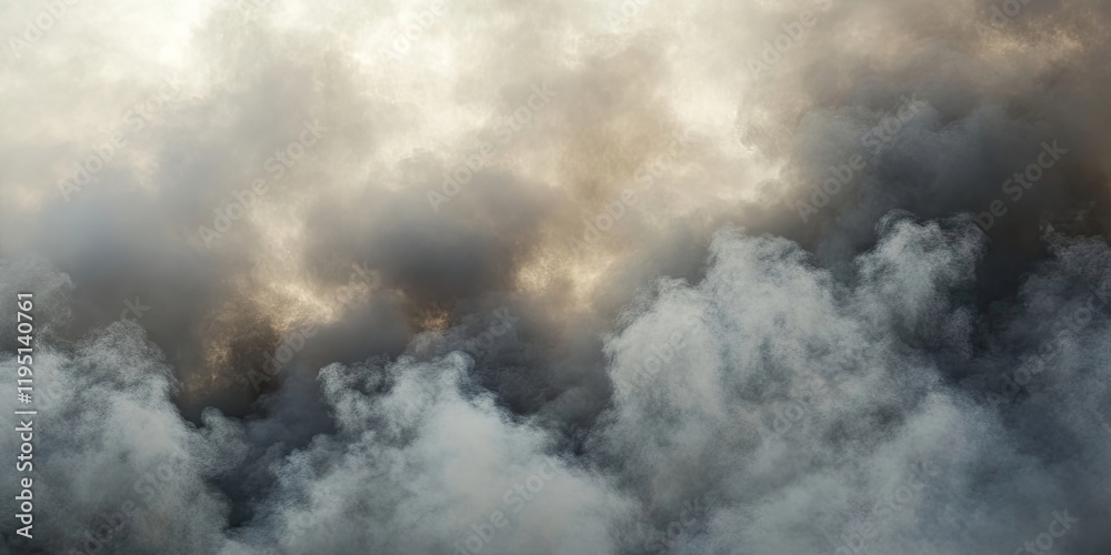 Dense dark gray smoke clouds with lighter gray and beige tones creating a dramatic sky obscuring sunlight in a turbulent atmosphere. Dense dark gray smoke clouds with lighter gray and beige tones creating a dramatic sky obscuring sunlight in a turbulent atmosphere.