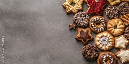 Festive assortment of cookies arranged on a grey surface for Hanukkah celebration with space for text, featuring star, circular, and decorative shapes. photo