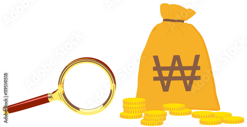 Financial concept with money bags and magnifying glass.