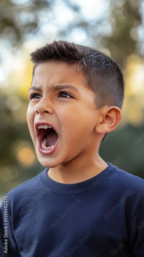 A young child expressing intense emotion with mouth wide open in a loud yell or scream, wearing a navy blue sweater against a soft bokeh natural background. A young child expressing intense emotion with mouth wide open in a loud yell or scream, wearing a navy blue sweater against a soft bokeh natural background.