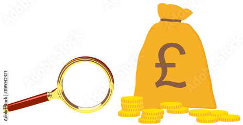 Financial concept with money bags and magnifying glass.