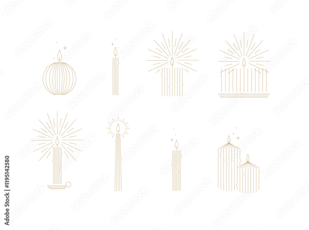 Candle set different forms and shapes drawing in art deco style on white background