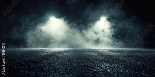 Mysterious dimly lit street scene with spotlight glare on wet asphalt surrounded by swirling smoke in dark environment enhancing suspenseful mood