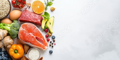 Vibrant flat lay of healthy foods including salmon, fruits, and vegetables arranged on a light background emphasizing nutrition and dietary planning
