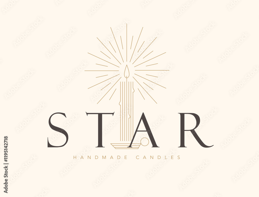 Handmade candles studio label design with lettering star drawing in linear art deco style on beige background