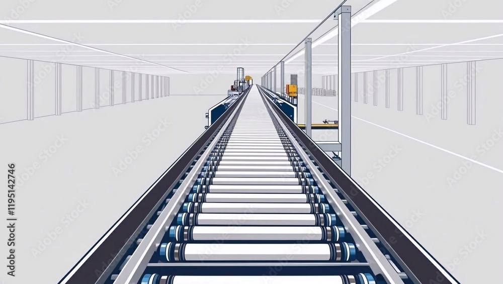 Fototapeta premium Conveyor belt at factory, plant or warehouse in front and perspective view. Vector realistic illustration of automated machine in mass production line isolated on white background