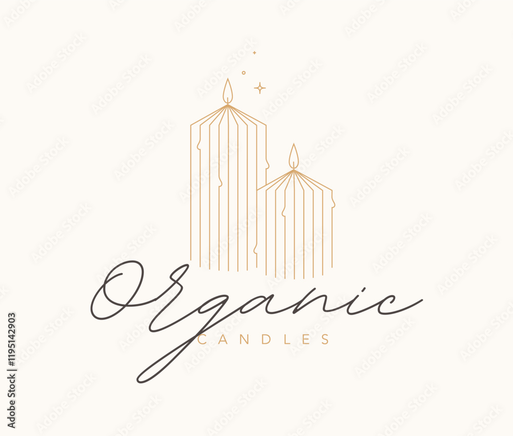 Organic candles studio label design with lettering drawing in linear art deco style on beige background
