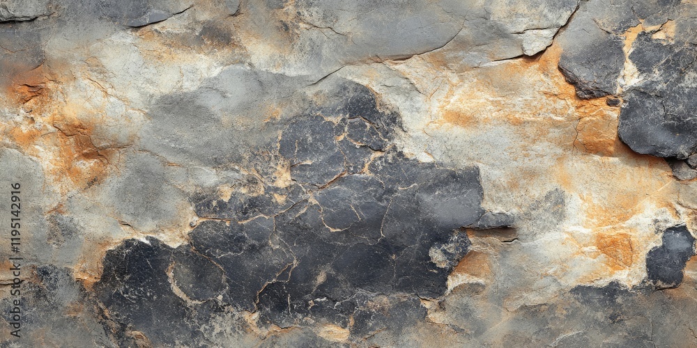 Fototapeta premium Natural stone surface displaying intricate textures in gray, black, and orange hues with rugged patterns and a subtle abstract quality