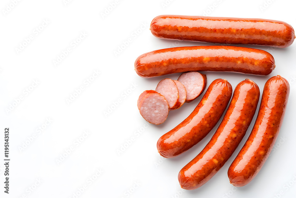 Boiled, grilled sausages isolated on white background, top view Boiled, grilled sausages isolated on white background, top view