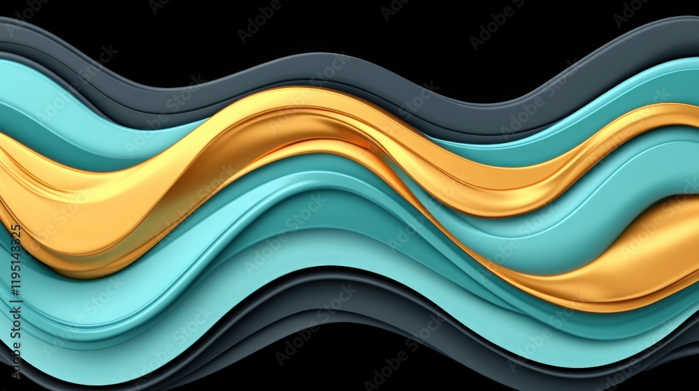 Abstract background with flowing glossy gold, teal, and dark grey waves Abstract background with flowing glossy gold, teal, and dark grey waves