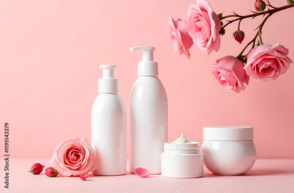 Bottles and cans with cosmetics on a pink background. Bottles and cans with cosmetics on a pink background.