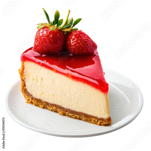 A Delicious Slice of Strawberry Cheesecake on a White Plate, Perfect for Dessert Lovers photo