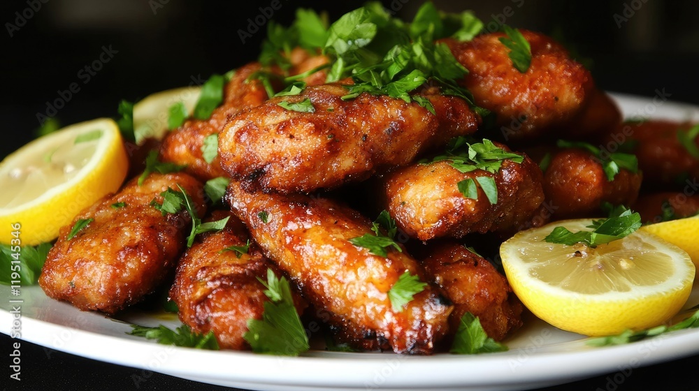 A plate of golden brown breaded fried cutlets garnished with fresh parsley rests on a rustic wooden table. A plate of golden brown breaded fried cutlets garnished with fresh parsley rests on a rustic wooden table.