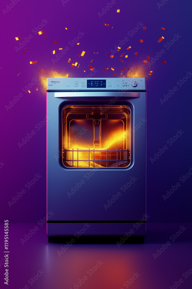 Fototapeta premium A futuristic dishwasher with warm, inviting light and confetti. Clean and sparkling!