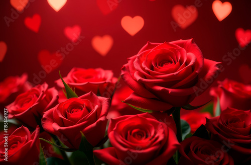 Red roses on a red festive background, bokeh, hearts. Congratulations, postcard