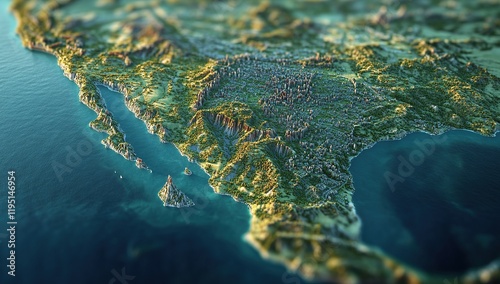 3D topographic map of Mexico, with all the states and cities in detail, seen from above photo