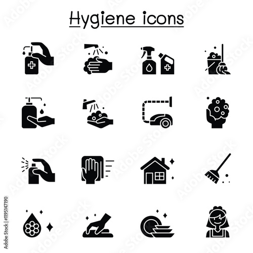 Set of Hygiene related vector line icons. contains such Icons as Hand washing, cleaning, healthcare,  soap, wipe, sanitary, broom, and more.