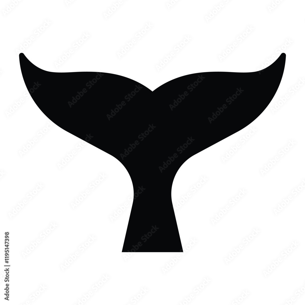 Whale tail vector icon. Marine life symbol for ocean wildlife, sea creatures, and nature conservation design. Black silhouette isolated on white background. Whale tail vector icon. Marine life symbol for ocean wildlife, sea creatures, and nature conservation design. Black silhouette isolated on white background.