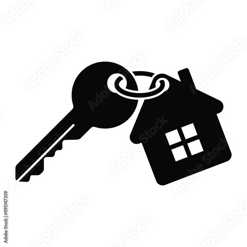 House key with keychain vector icon. Real estate symbol for home ownership, security, and property management. Black silhouette isolated on white background.