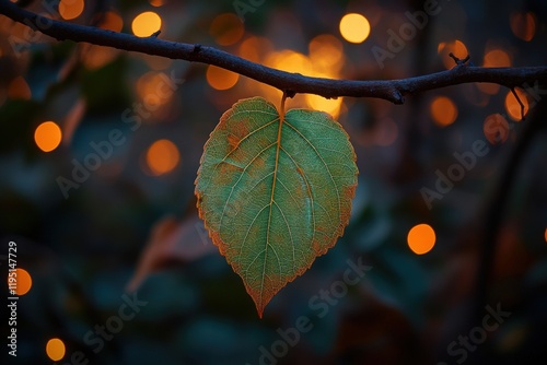 Single leaf hanging with bokeh lights in the background creating a warm feeling