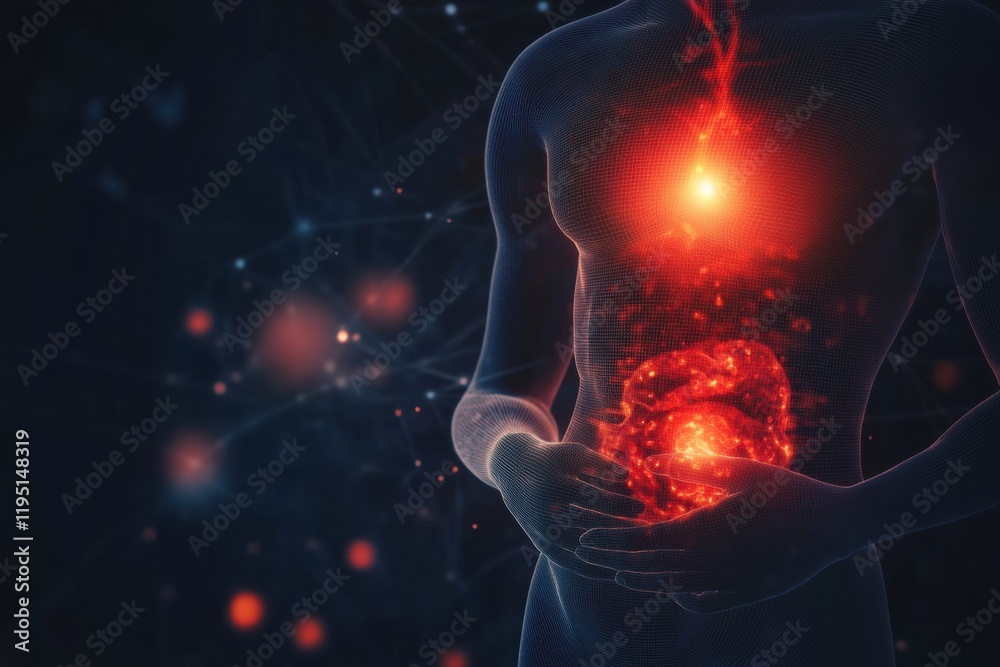 Fototapeta premium Glowing human torso with red focal point in stomach area illuminated against a dark background showcasing body and energy concept. Generative AI