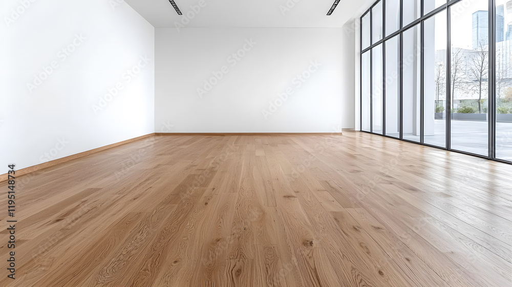 Fototapeta premium Empty modern interior room with an empty white wall and wooden floor mock up 