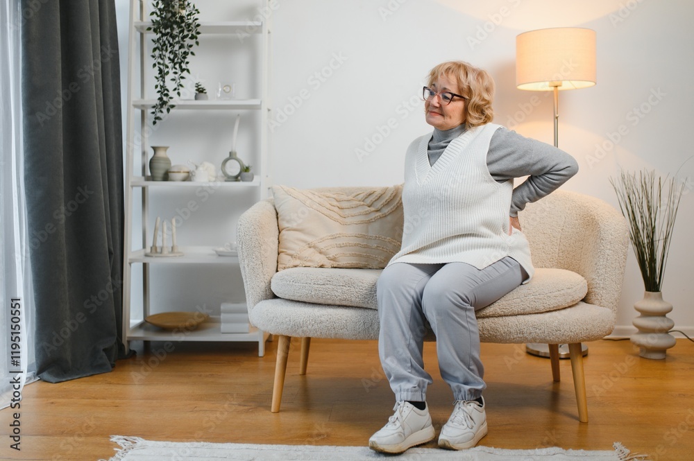 Fototapeta premium Senior woman having backache and touching her back in living room at home