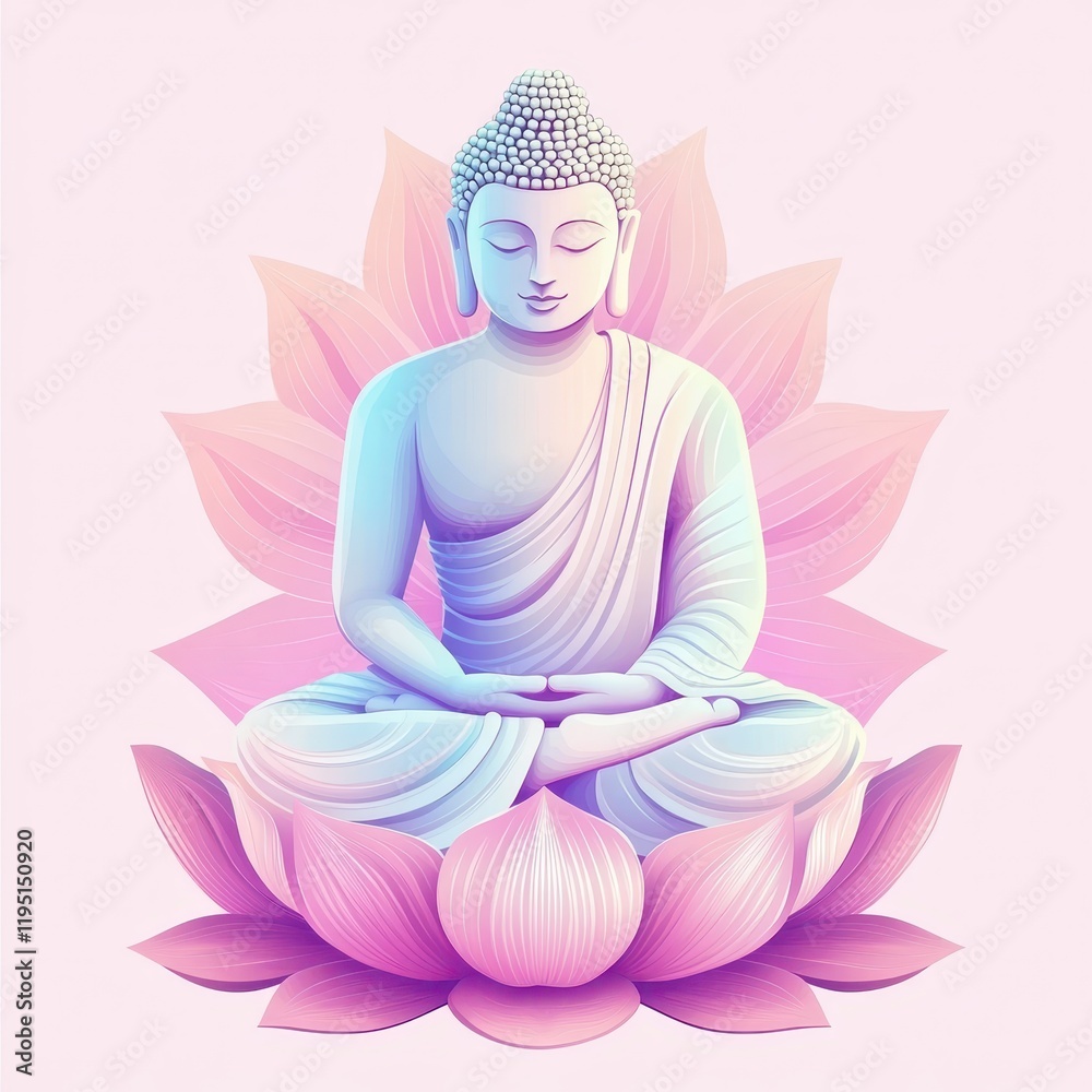 Serene Buddha seated on a lotus with soft gradient hues, flat design illustration Serene Buddha seated on a lotus with soft gradient hues, flat design illustration
