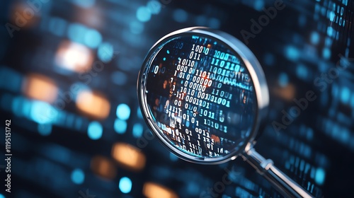 A magnifying glass highlights binary code against a blurred digital background, symbolizing data analysis, cybersecurity, or technological scrutiny. photo