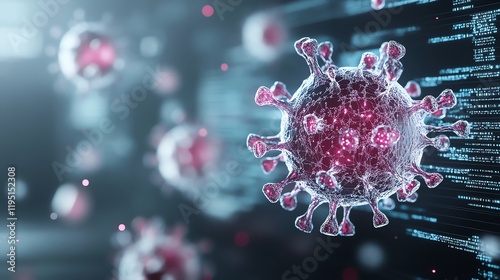 Close-up of a virus particle with digital elements, highlighting technological aspects in scientific research and medical studies. Visual representation of microscopic organisms. photo