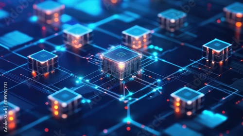 Futuristic Circuit Board with Glowing Microchips and Connections