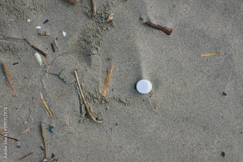 砂浜に打ち上げられて埋もれた量のゴミ photo