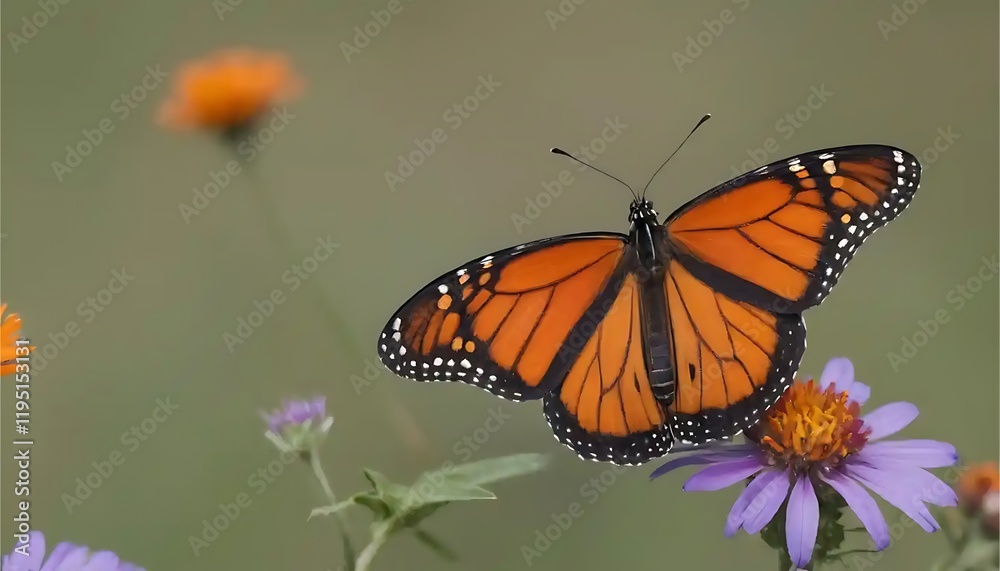 Naklejka premium Monarch Butterfly on Purple Aster: A Serene Autumnal Image