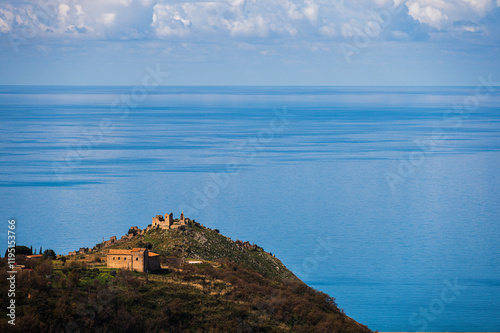 views with old castle ruins with the Thyrrhenian sea in the background, Maierà, Cosenza photo