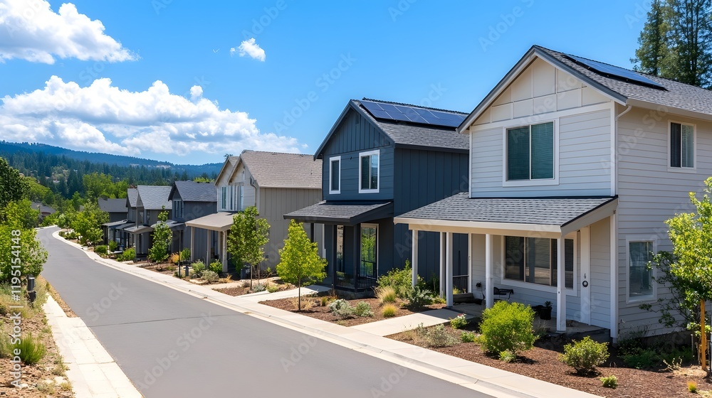 Row of Eco-Friendly Homes with Solar Rooftops Under Dramatic Sunny Sky Row of Eco-Friendly Homes with Solar Rooftops Under Dramatic Sunny Sky